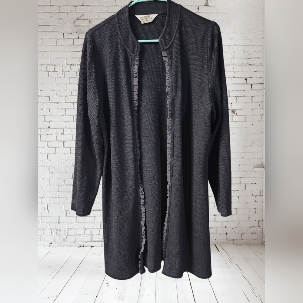 Vintage Exclusively Misook Ruffle front Open long cardigan knit jacket Sz M